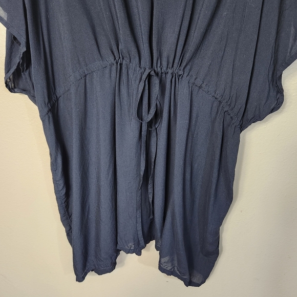 Lands End Petite |L| Black Sheer Oversized SS Gathered Waist Swim Cover-up Dress - Picture 2 of 7